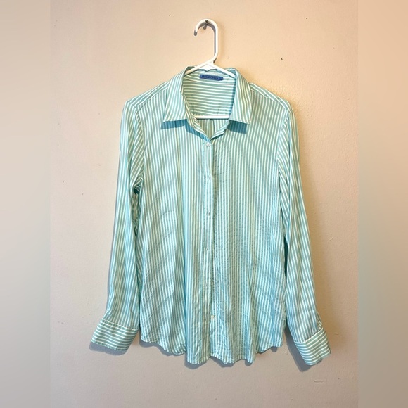 J.MCLAUGHLIN DENVER SILK-BLEND BLOUSE SIZE L GREEN WHITE EUC - Picture 3 of 10